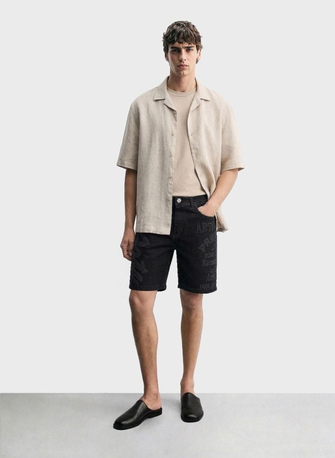 Men Regular Fit Laser Print Mid-Rise Denim Shorts
