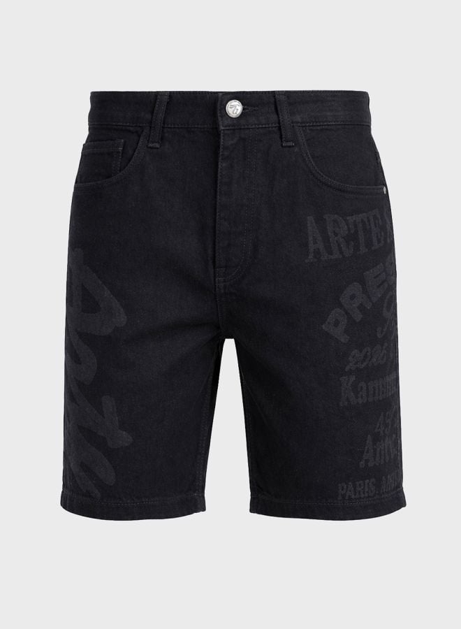 Men Regular Fit Laser Print Mid-Rise Denim Shorts