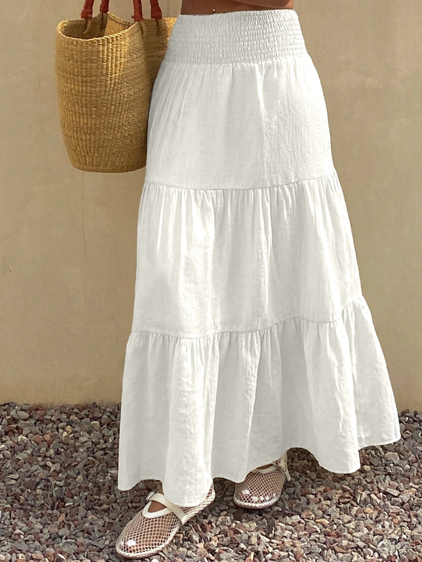 White Solid Tiered A-Line Maxi Skirt