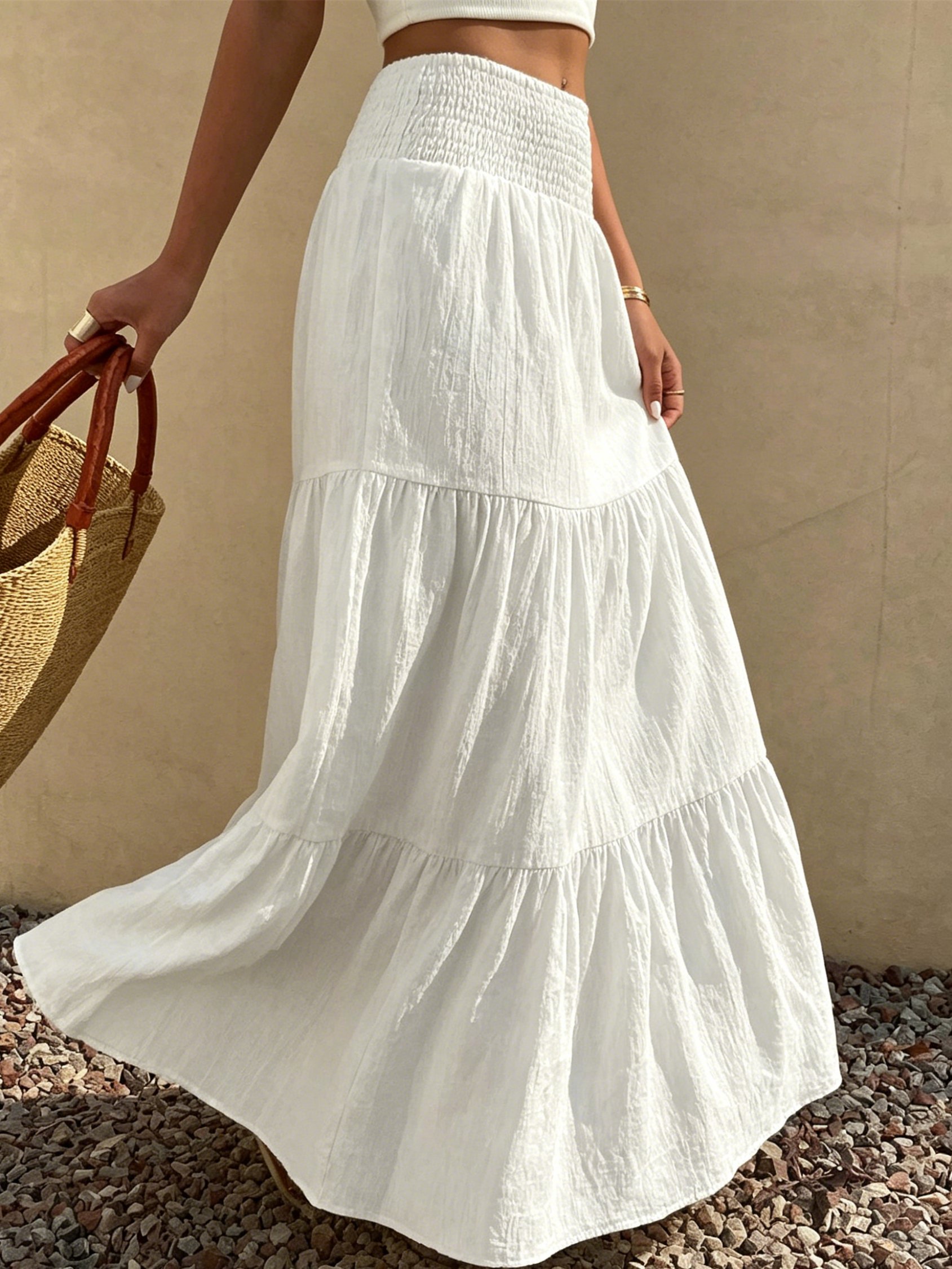 White Solid Tiered A-Line Maxi Skirt