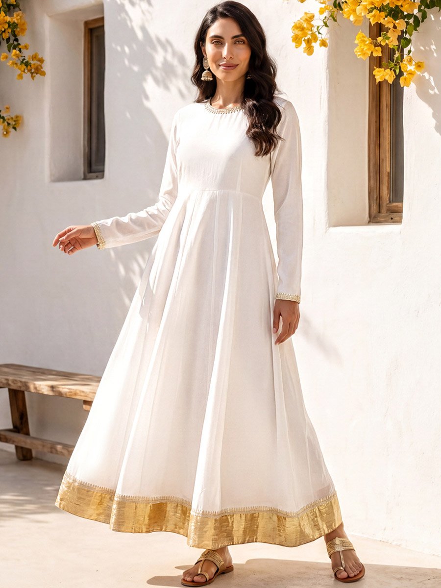 White Anarkali Gown with Gold Trim