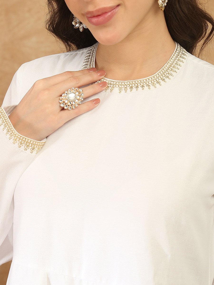 White Anarkali Gown with Gold Trim