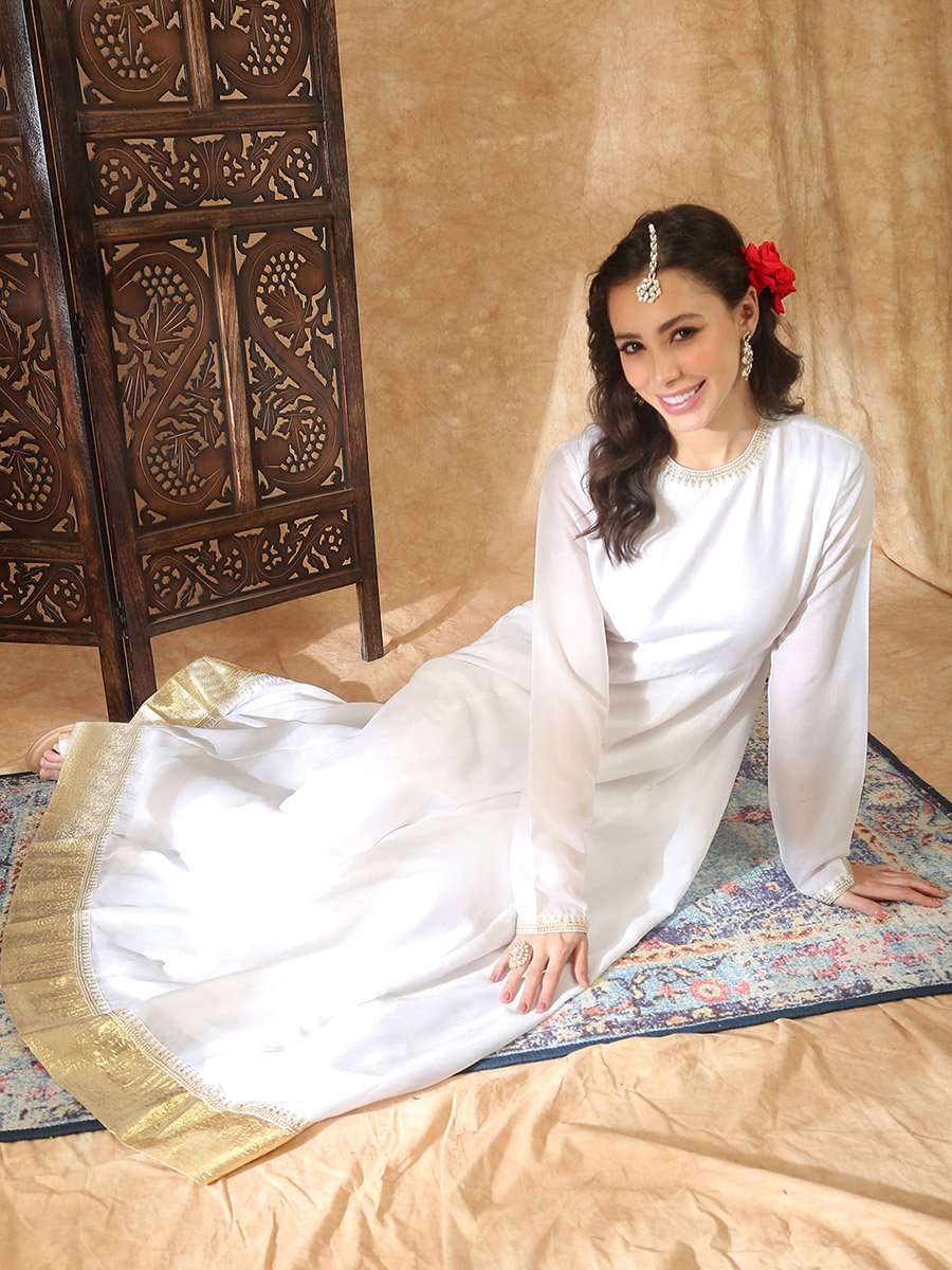 White Anarkali Gown with Gold Trim