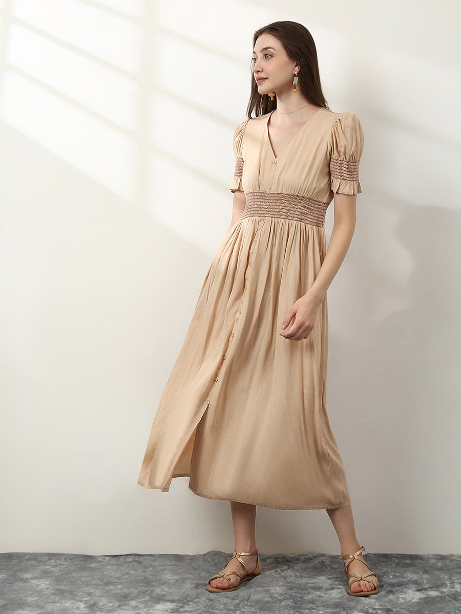 Beige V Neck Puff Sleeve Smocked Midi Dress Gown