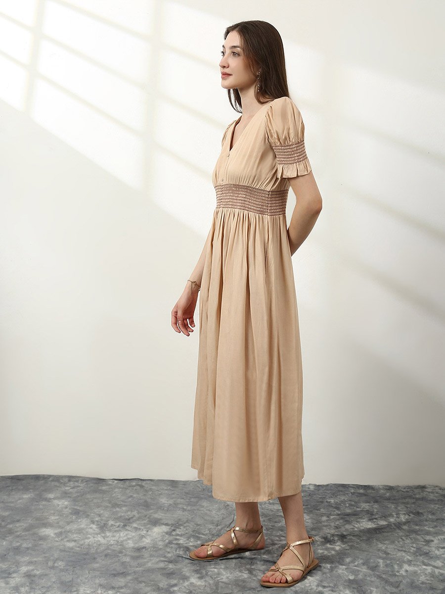 Beige V Neck Puff Sleeve Smocked Midi Dress Gown