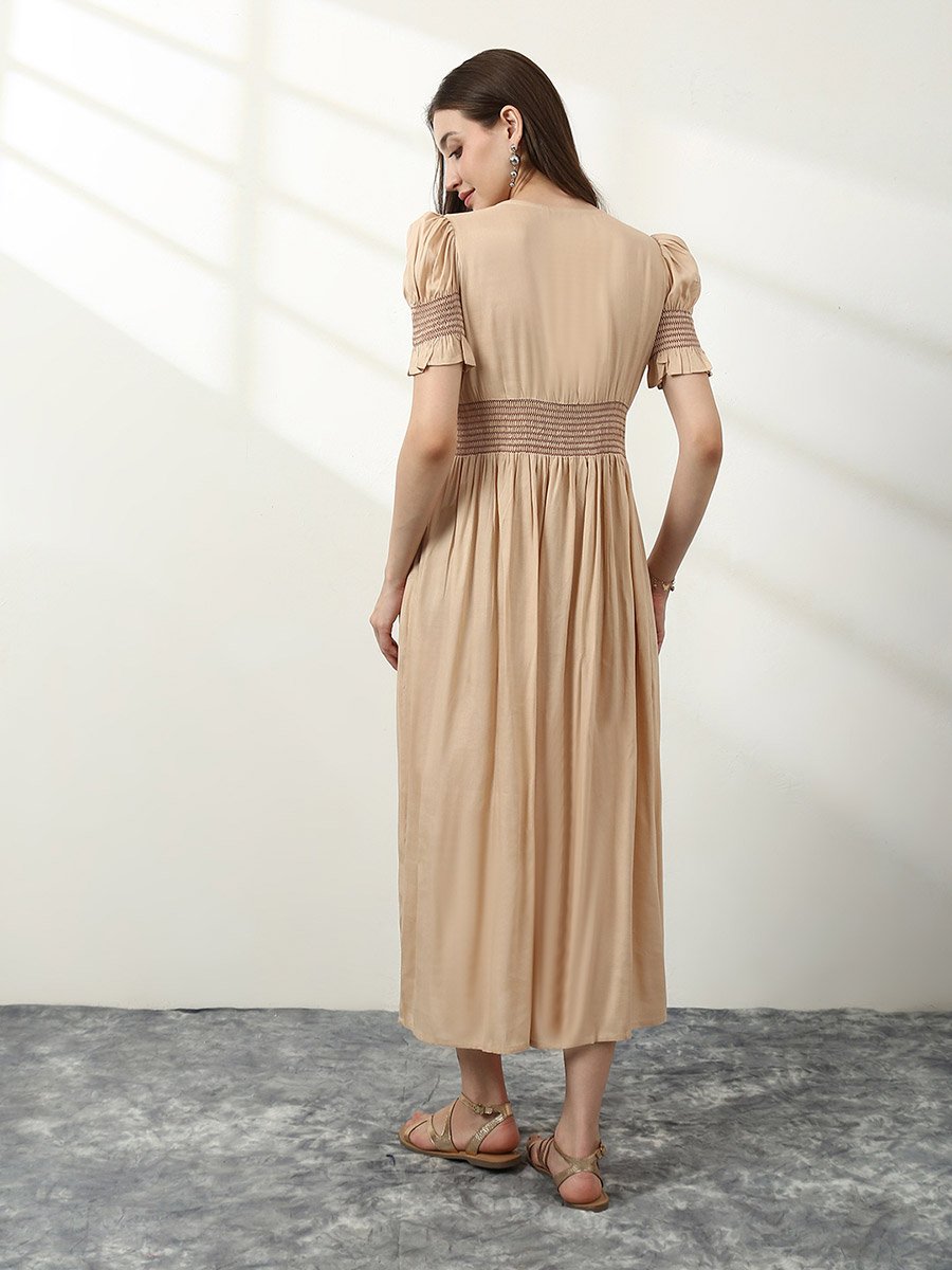 Beige V Neck Puff Sleeve Smocked Midi Dress Gown