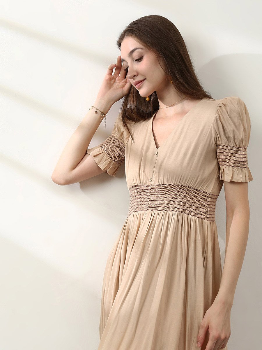 Beige V Neck Puff Sleeve Smocked Midi Dress Gown