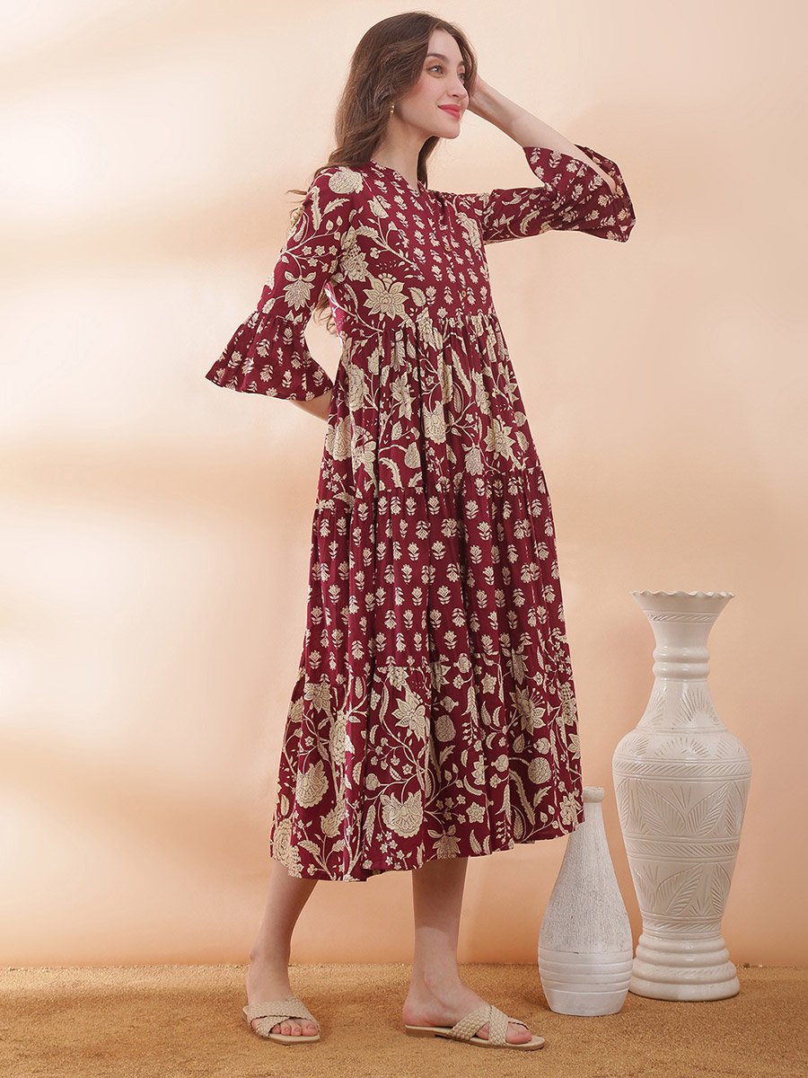 Floral Print Gathered Tiered Midi Dress with Bell Sleeves