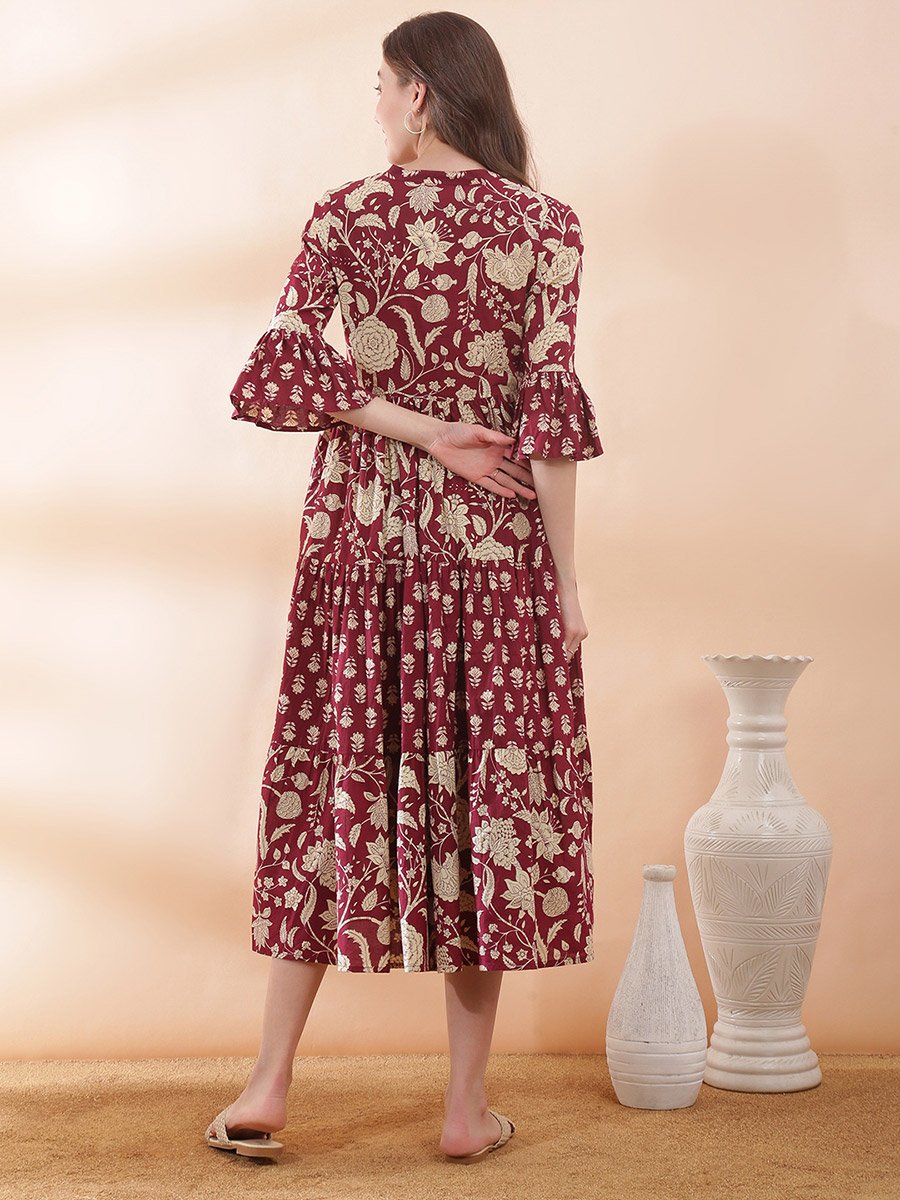 Floral Print Gathered Tiered Midi Dress with Bell Sleeves