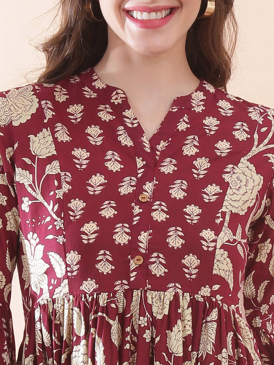 Floral Print Gathered Tiered Midi Dress with Bell Sleeves