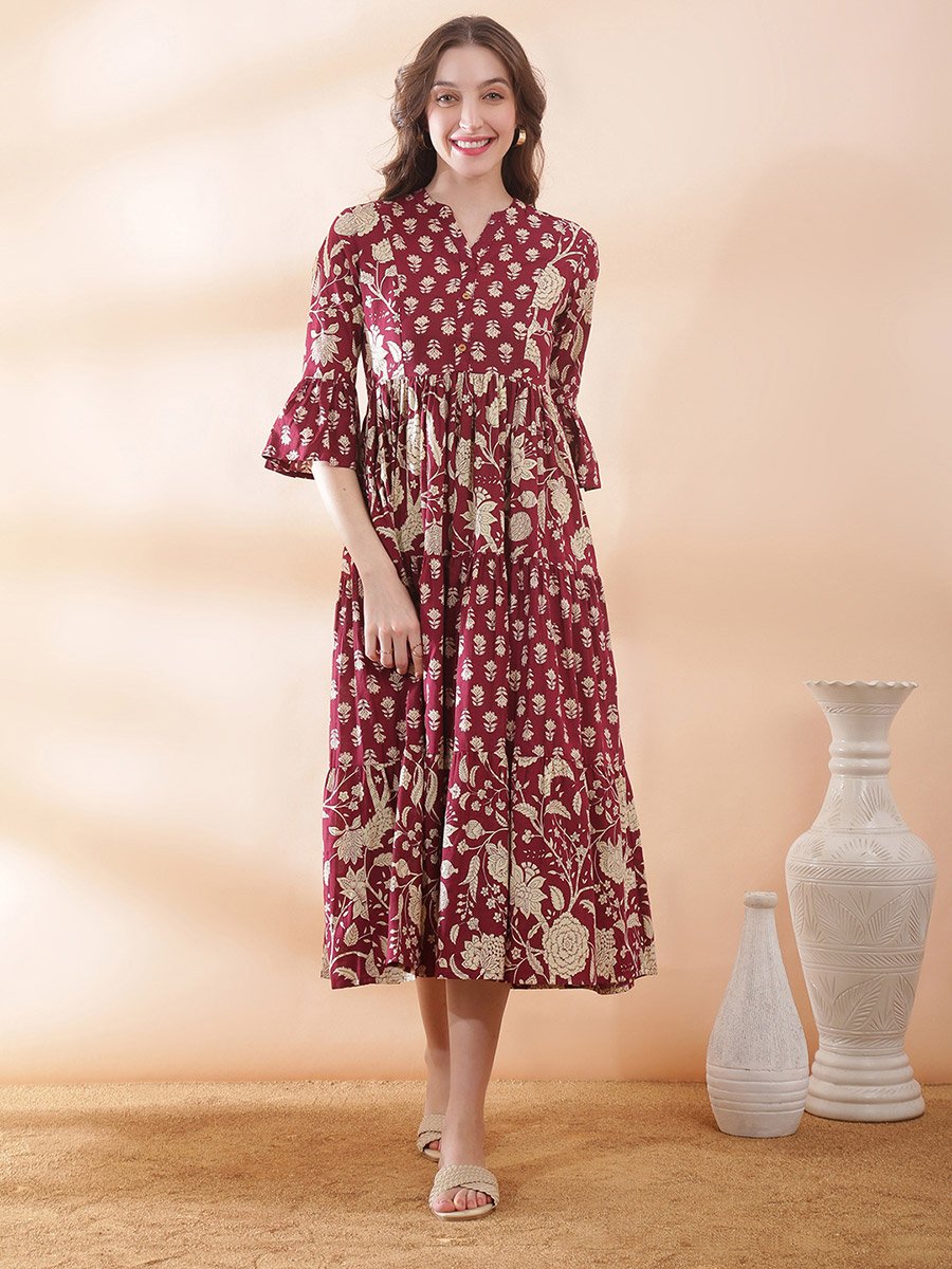 Floral Print Gathered Tiered Midi Dress with Bell Sleeves
