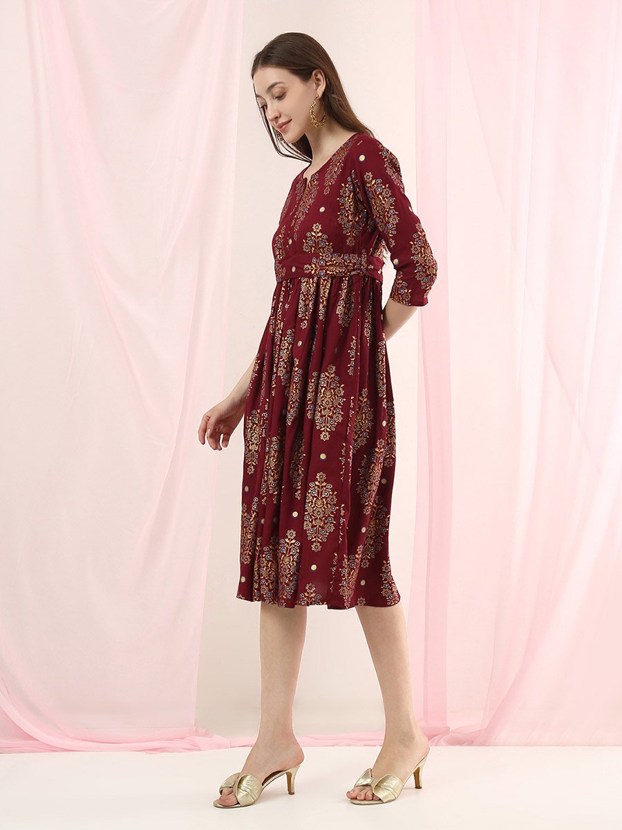 Burgundy Ethnic Motifs Gathered Midi Dress