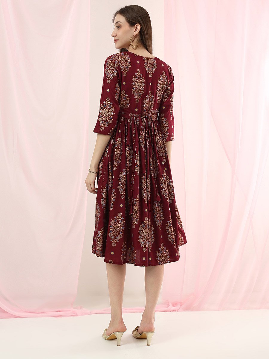 Burgundy Ethnic Motifs Gathered Midi Dress