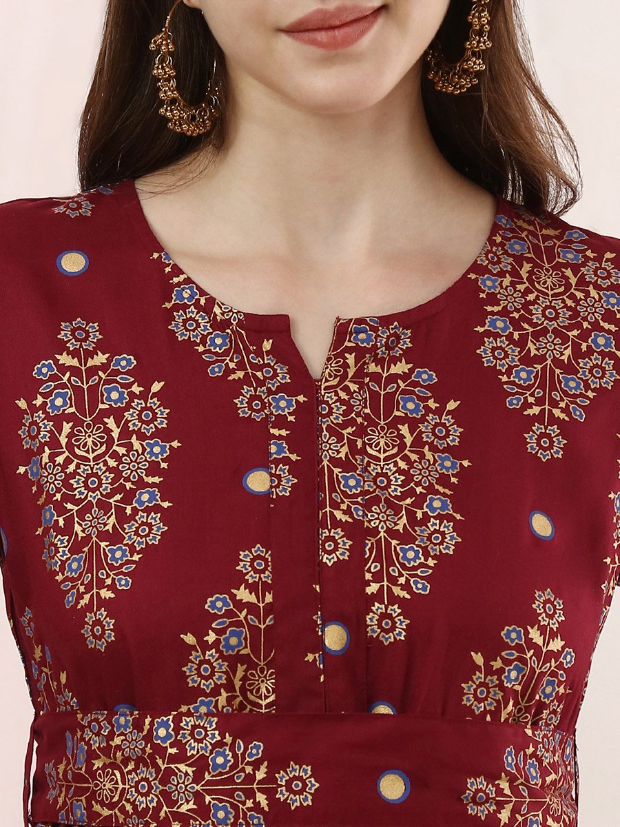 Burgundy Ethnic Motifs Gathered Midi Dress