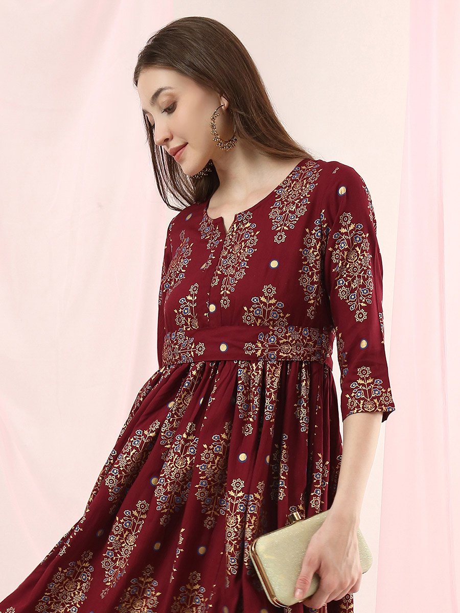 Burgundy Ethnic Motifs Gathered Midi Dress