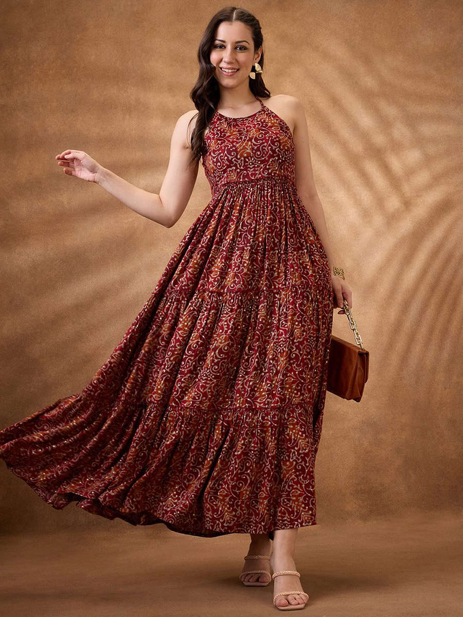 Floral Halter Neck Tiered Maxi Dress