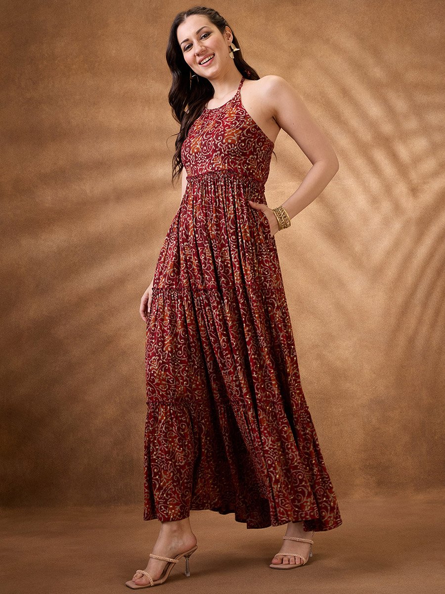 Floral Halter Neck Tiered Maxi Dress