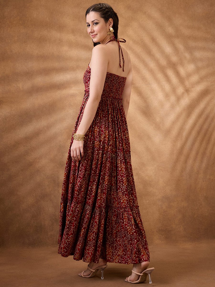 Floral Halter Neck Tiered Maxi Dress