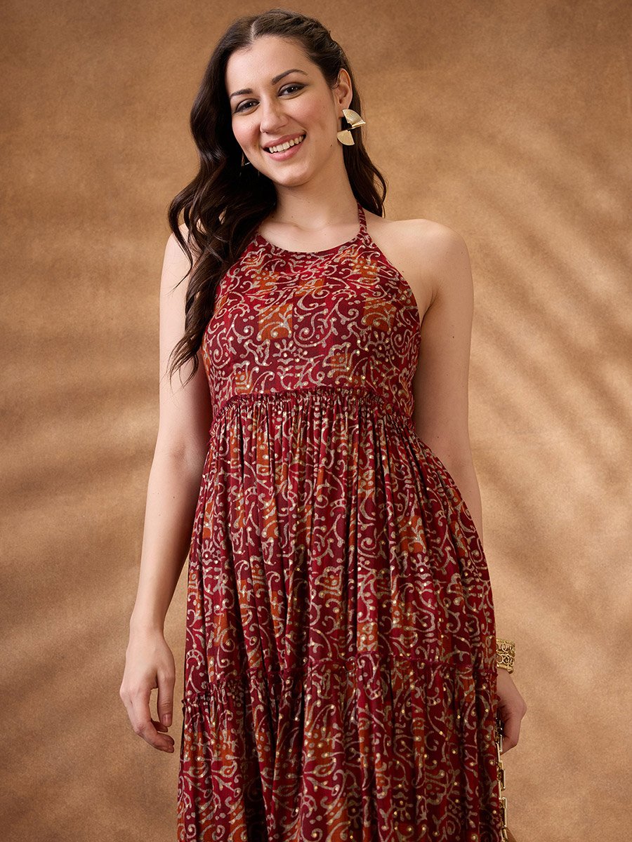 Floral Halter Neck Tiered Maxi Dress