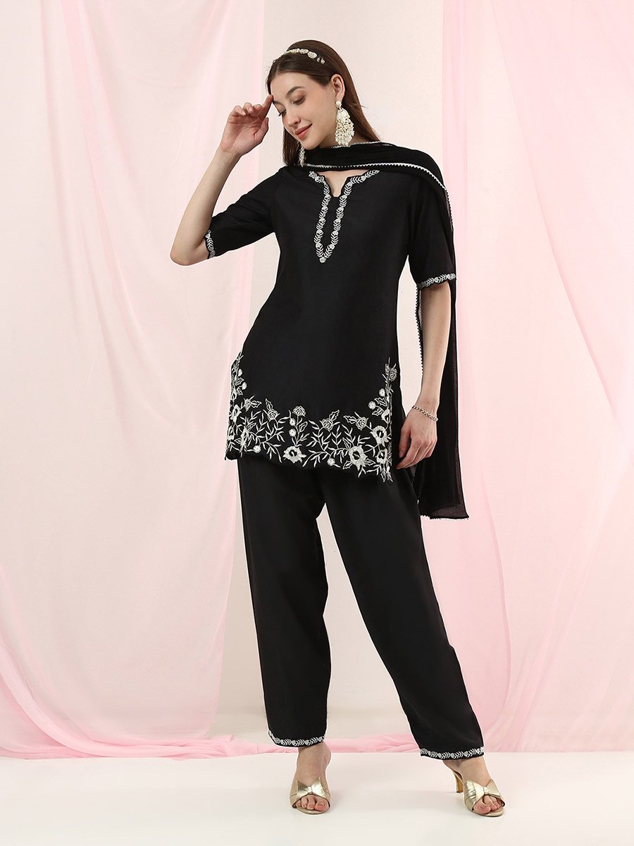 Black Embroidered Kurta Set with Dupatta