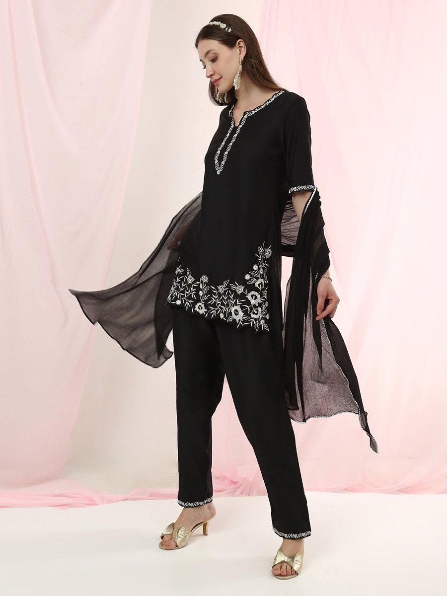 Black Embroidered Kurta Set with Dupatta