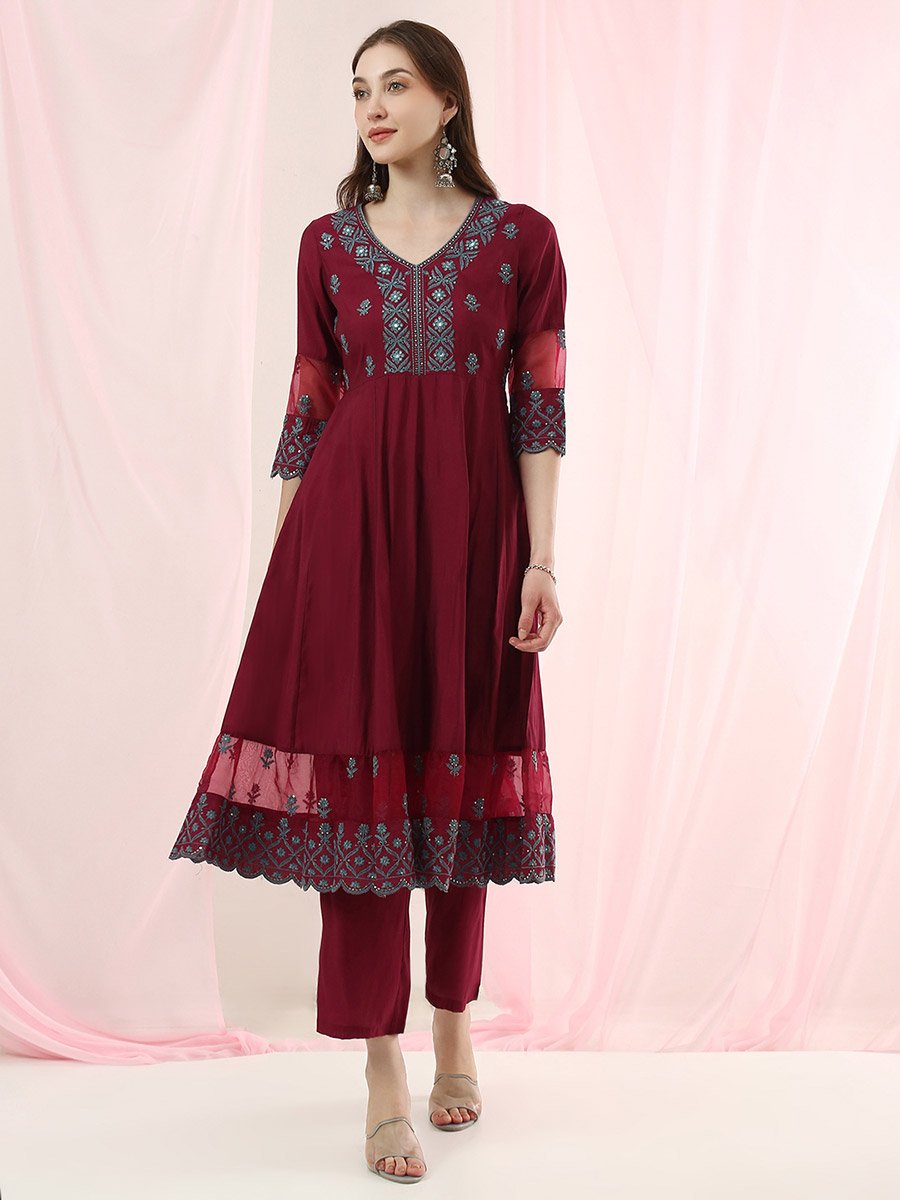 Magenta Embroidered Anarkali Kurta and Straight Pants Set