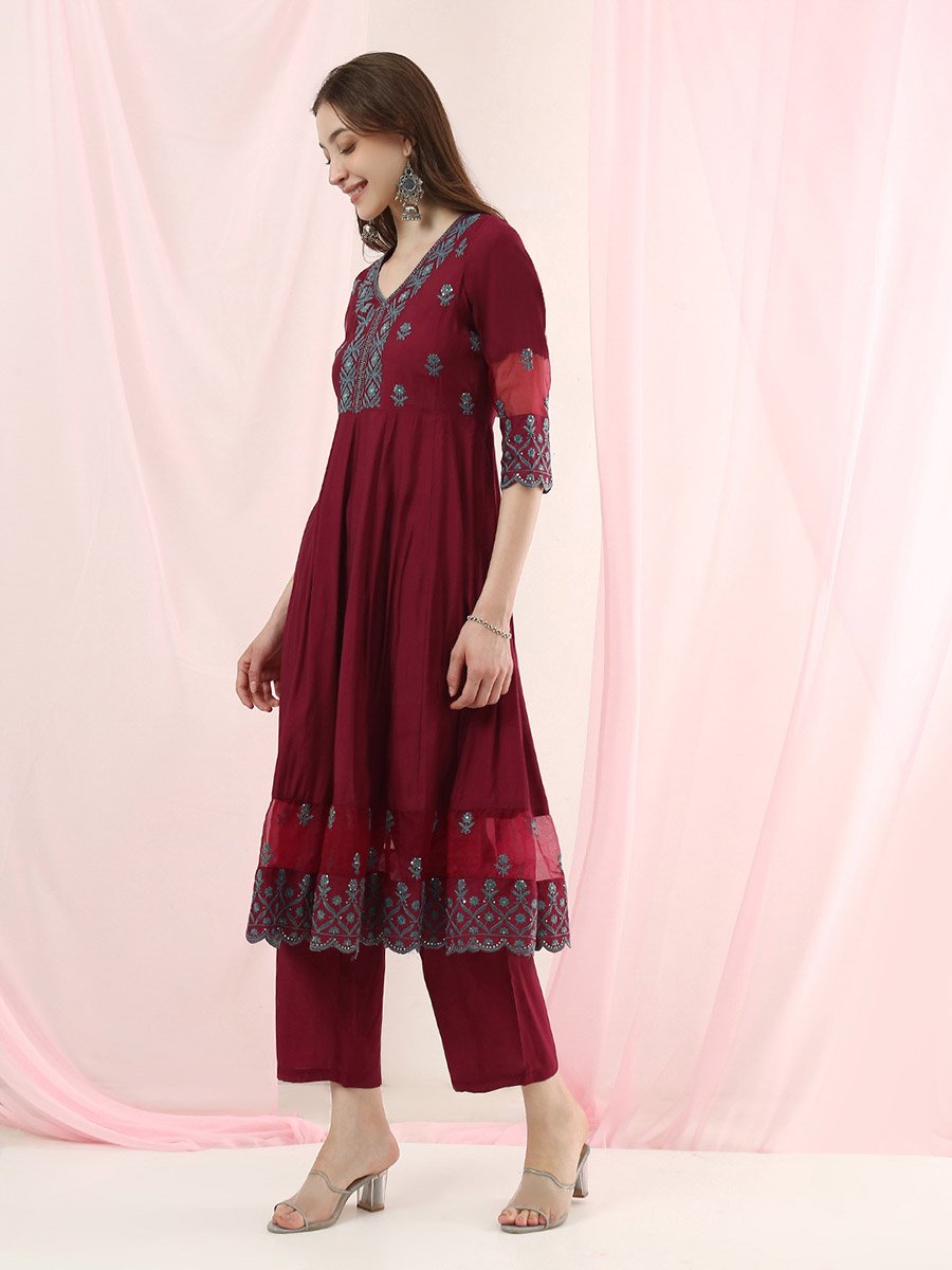 Magenta Embroidered Anarkali Kurta and Straight Pants Set