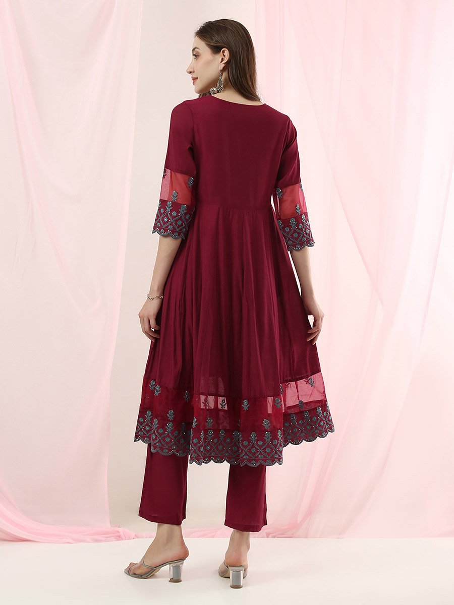 Magenta Embroidered Anarkali Kurta and Straight Pants Set