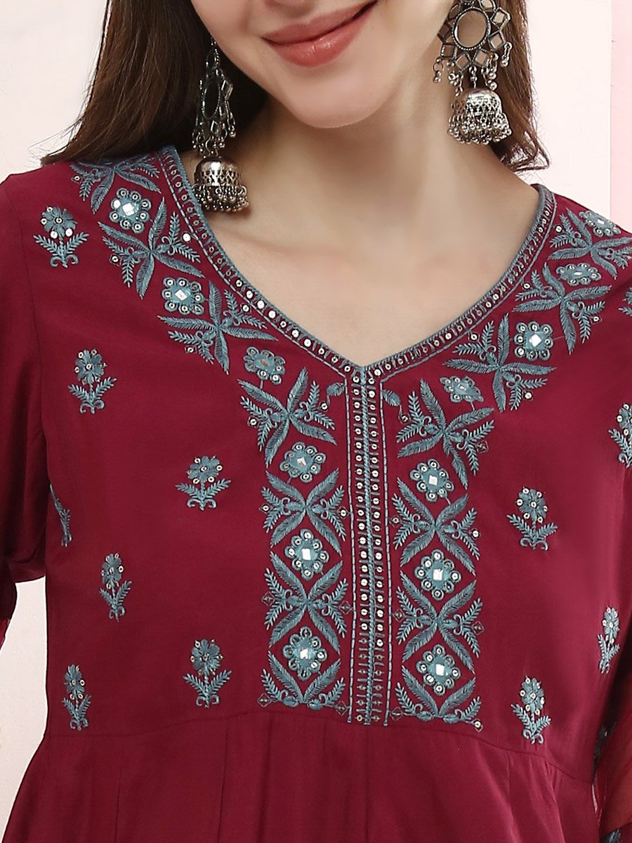 Magenta Embroidered Anarkali Kurta and Straight Pants Set