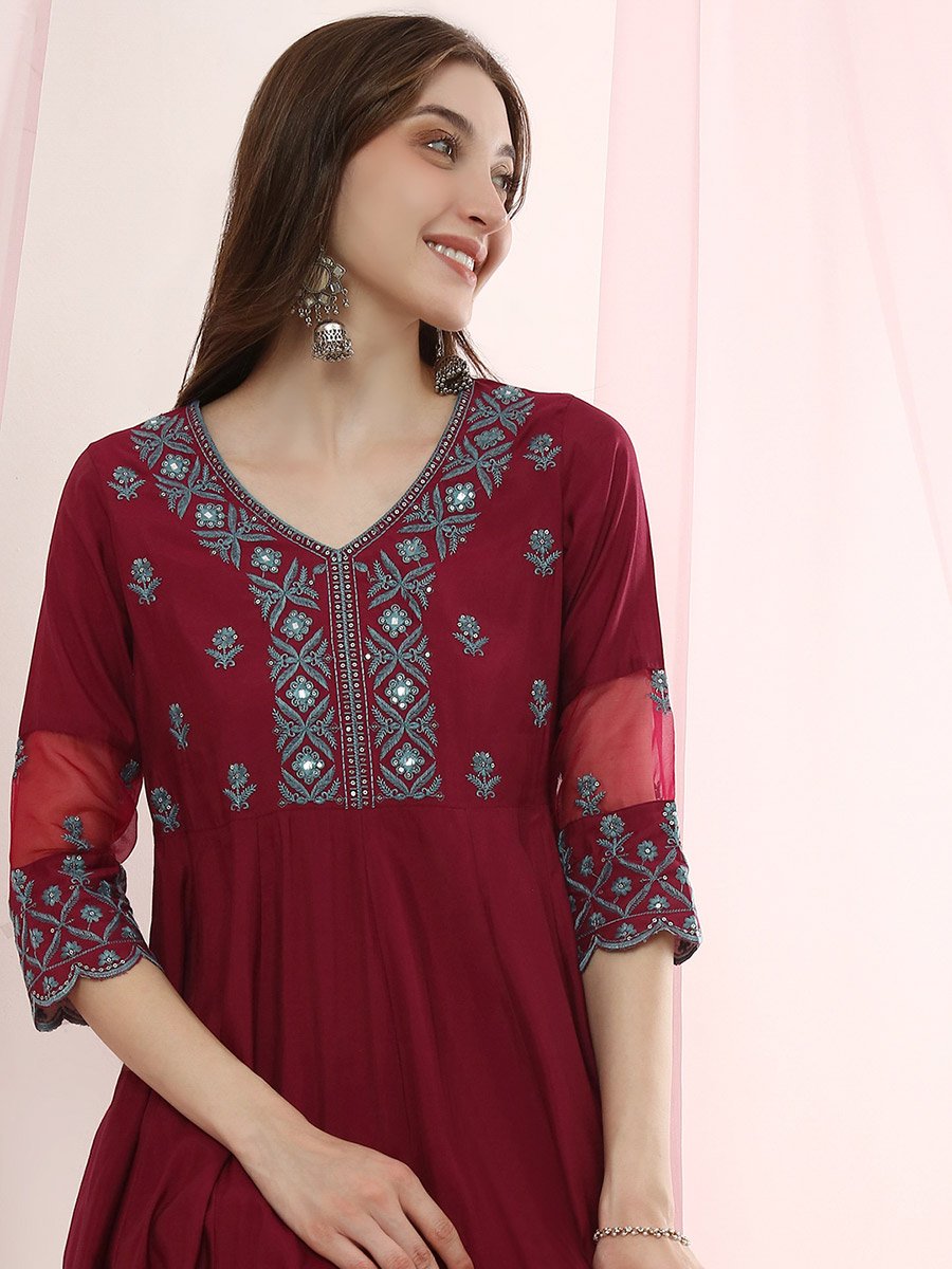 Magenta Embroidered Anarkali Kurta and Straight Pants Set