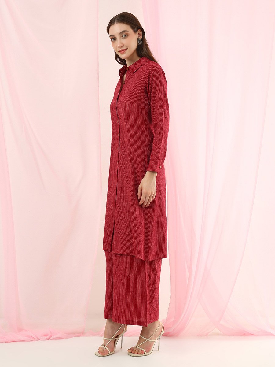 Red Striped Shirt Collar Kurta and Wide Leg Palazzo Set