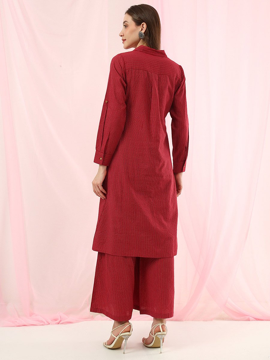 Red Striped Shirt Collar Kurta and Wide Leg Palazzo Set
