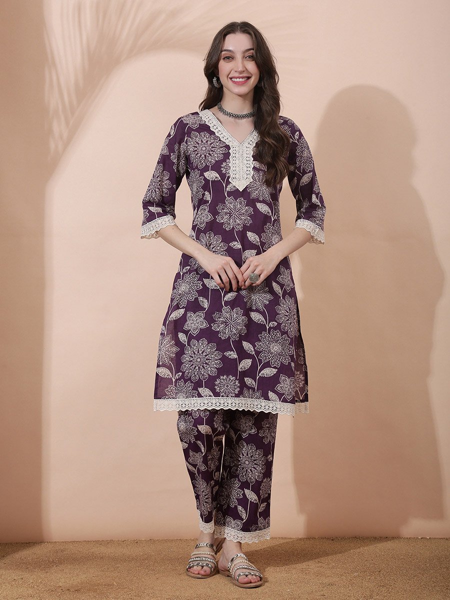 Purple Floral Print V Neck Kurta with Straight Pants and Lace Detail Ethnic Set