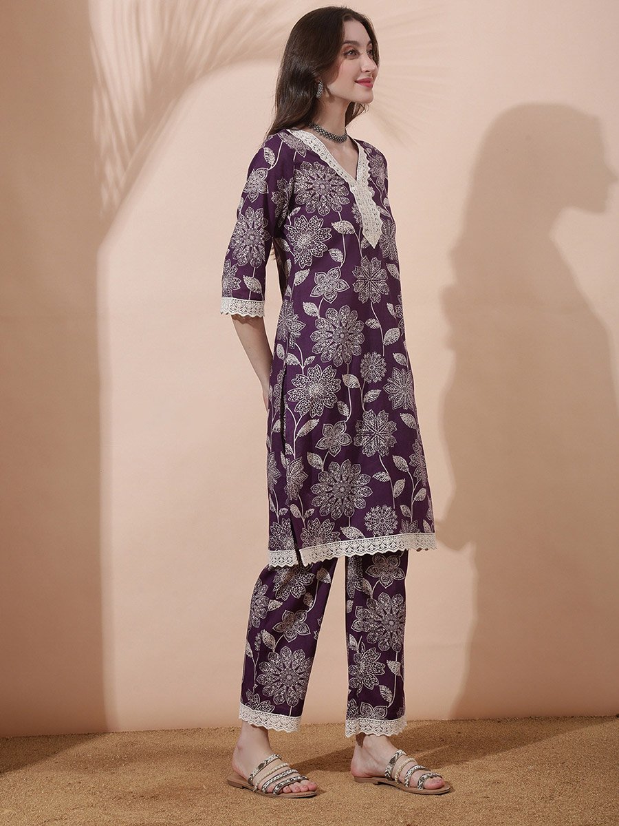 Purple Floral Print V Neck Kurta with Straight Pants and Lace Detail Ethnic Set