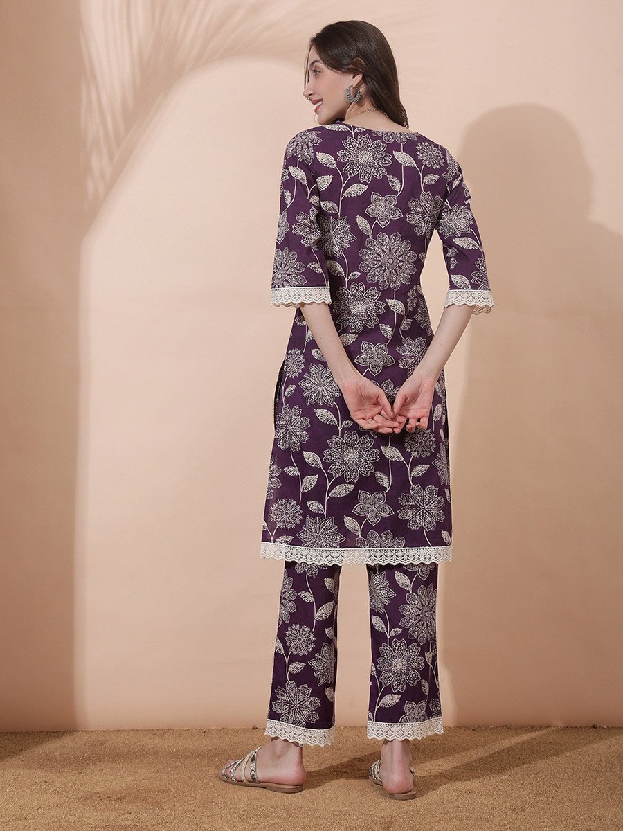 Purple Floral Print V Neck Kurta with Straight Pants and Lace Detail Ethnic Set
