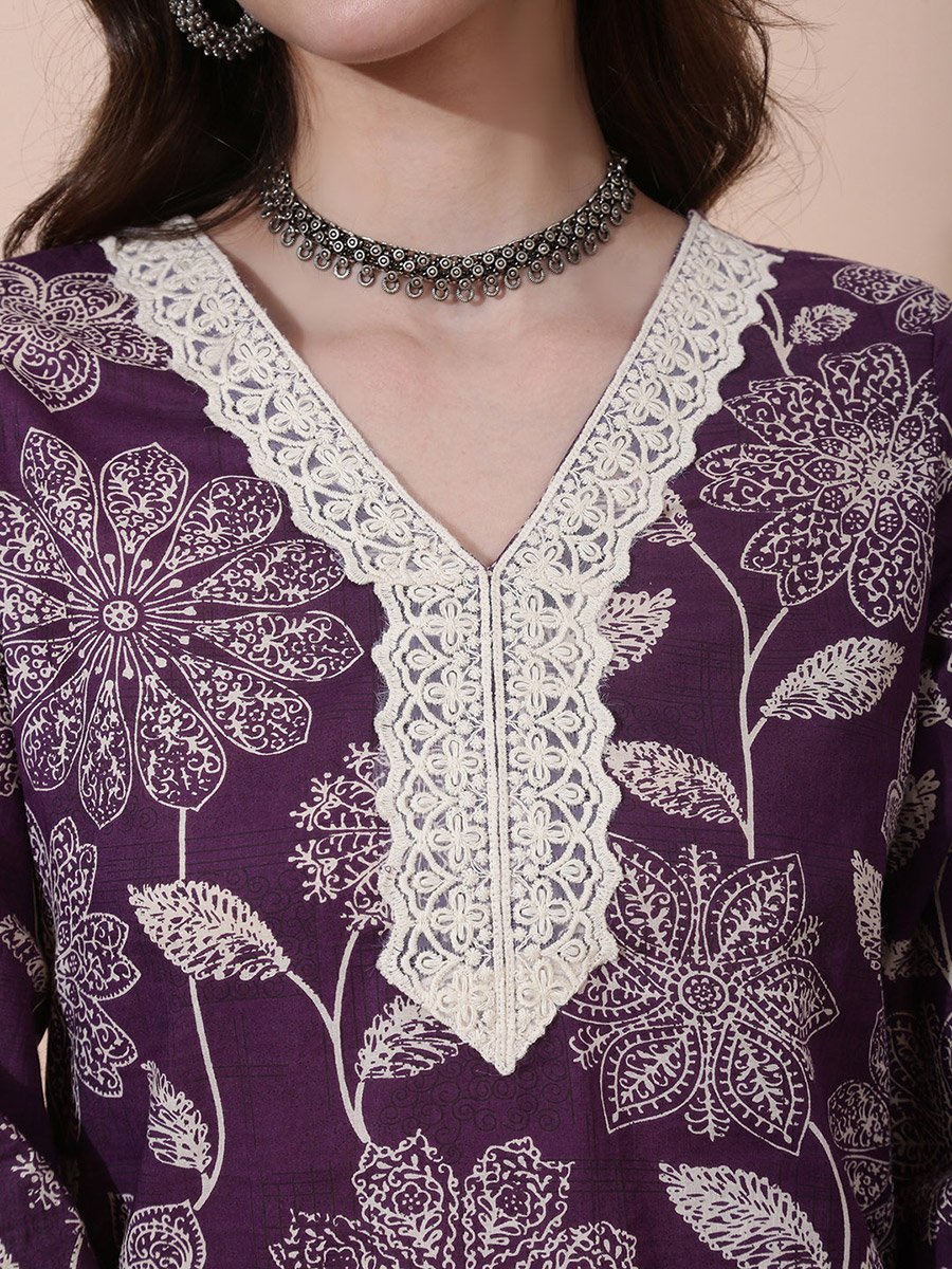 Purple Floral Print V Neck Kurta with Straight Pants and Lace Detail Ethnic Set