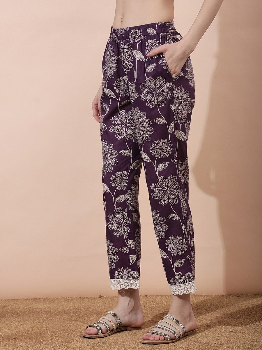 Purple Floral Print V Neck Kurta with Straight Pants and Lace Detail Ethnic Set