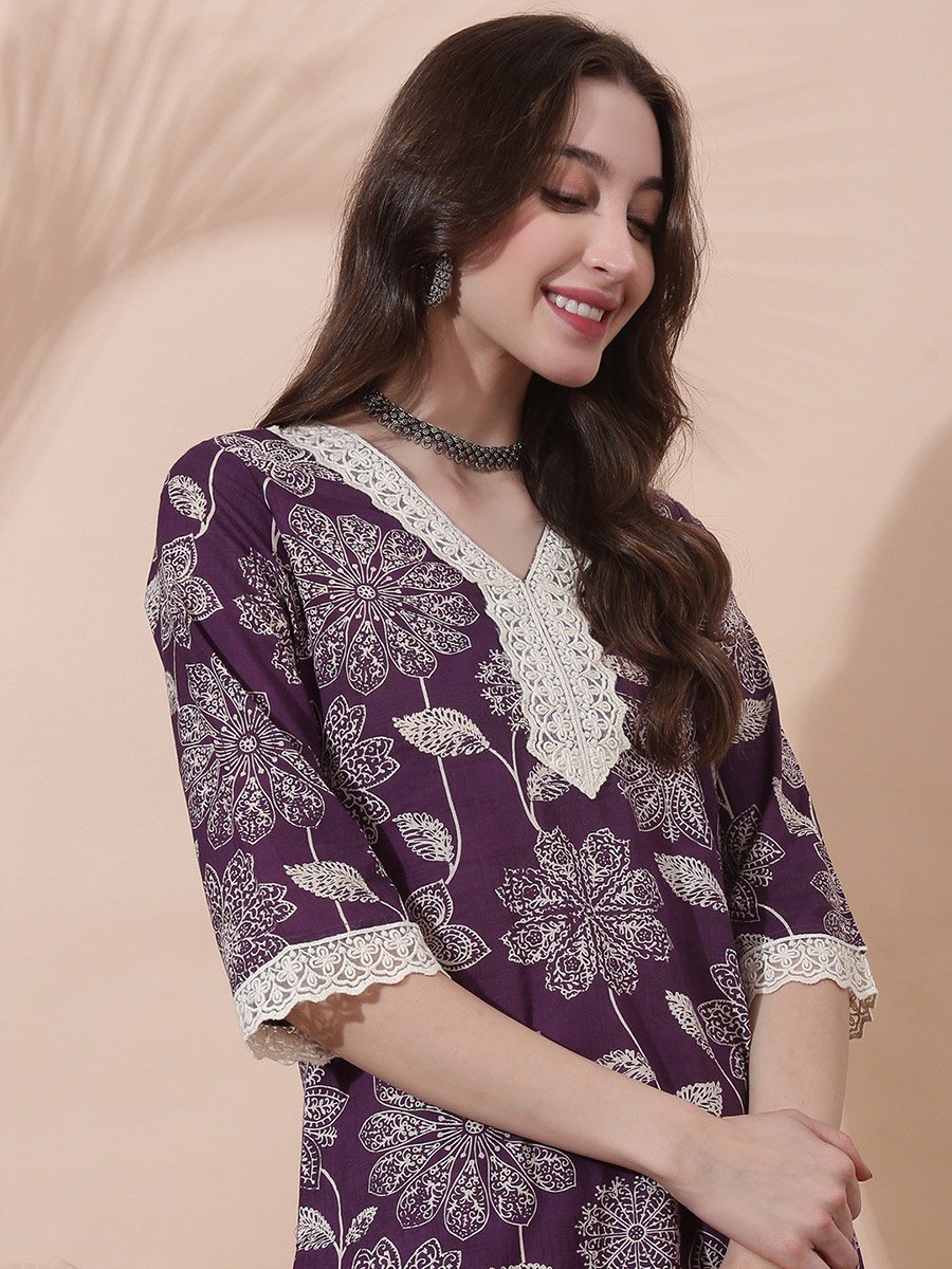 Purple Floral Print V Neck Kurta with Straight Pants and Lace Detail Ethnic Set