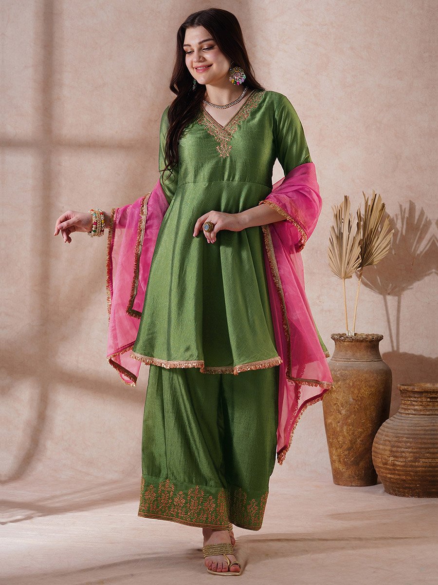 Green Embroidered V Neck Kurta with Wide Palazzo and Dupatta Set