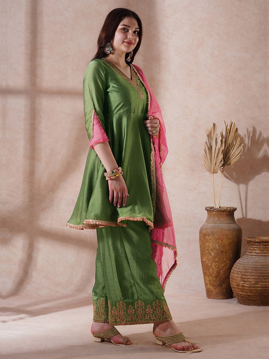 Green Embroidered V Neck Kurta with Wide Palazzo and Dupatta Set