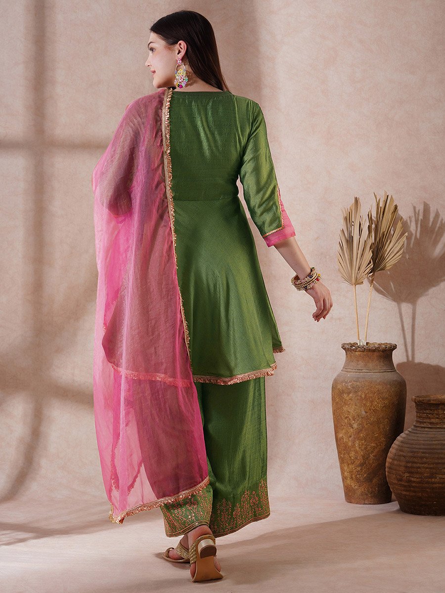 Green Embroidered V Neck Kurta with Wide Palazzo and Dupatta Set