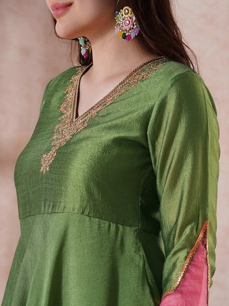 Green Embroidered V Neck Kurta with Wide Palazzo and Dupatta Set