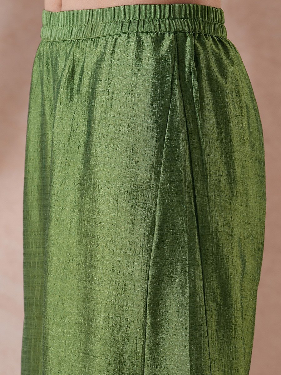 Green Embroidered V Neck Kurta with Wide Palazzo and Dupatta Set