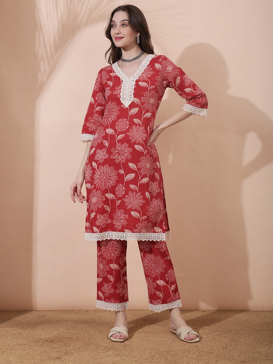 Red Floral Print V Neck Kurta with Straight Pants Set