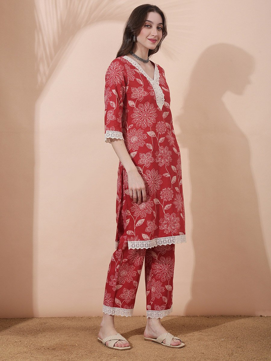 Red Floral Print V Neck Kurta with Straight Pants Set