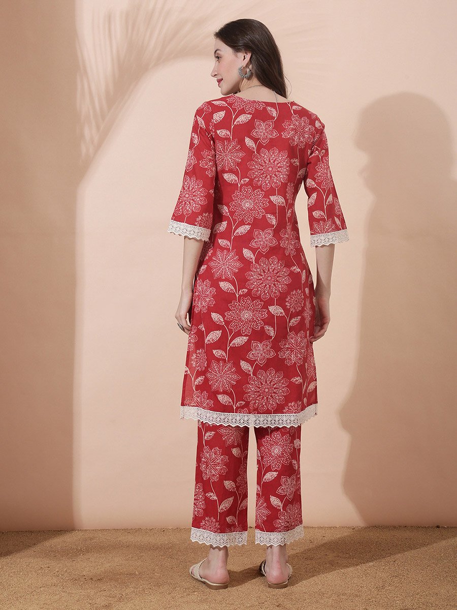 Red Floral Print V Neck Kurta with Straight Pants Set