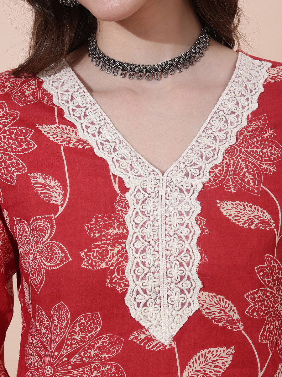 Red Floral Print V Neck Kurta with Straight Pants Set