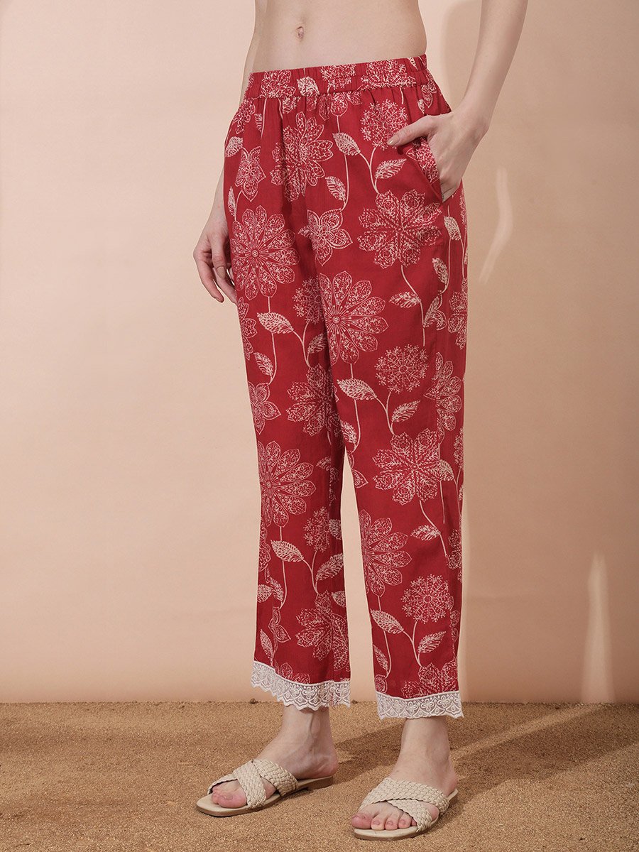 Red Floral Print V Neck Kurta with Straight Pants Set