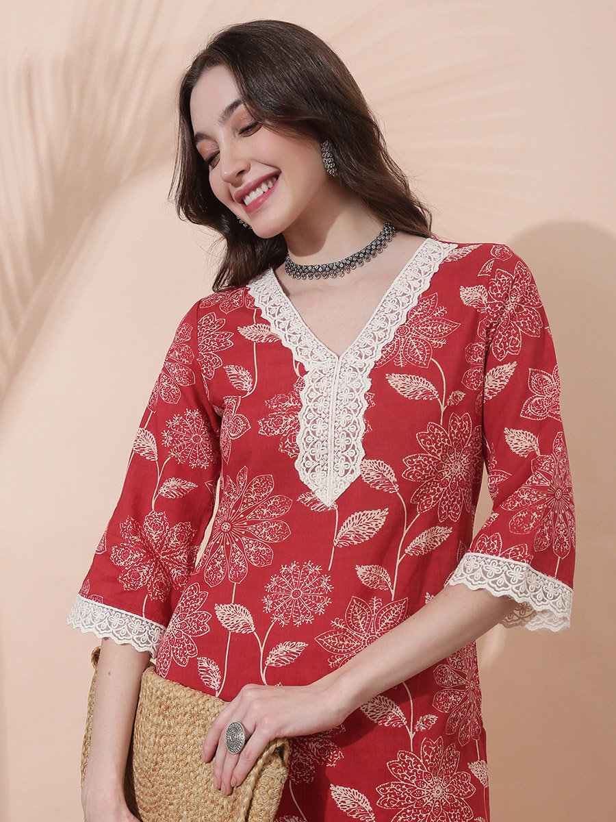 Red Floral Print V Neck Kurta with Straight Pants Set