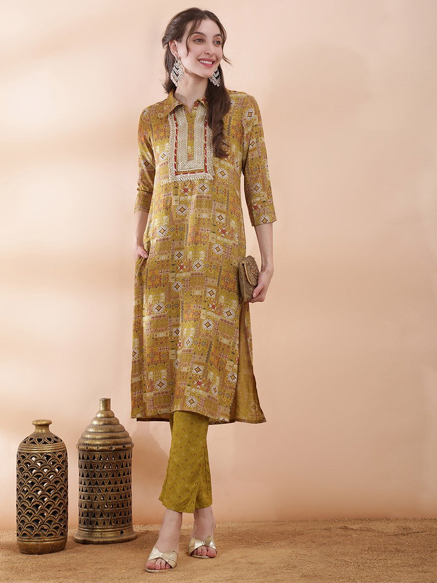 Mustard Ethnic Motifs Kurta Pant Set with Shirt Collar and Straight Fit